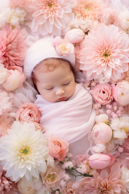 Portrait of newborn baby with flowers