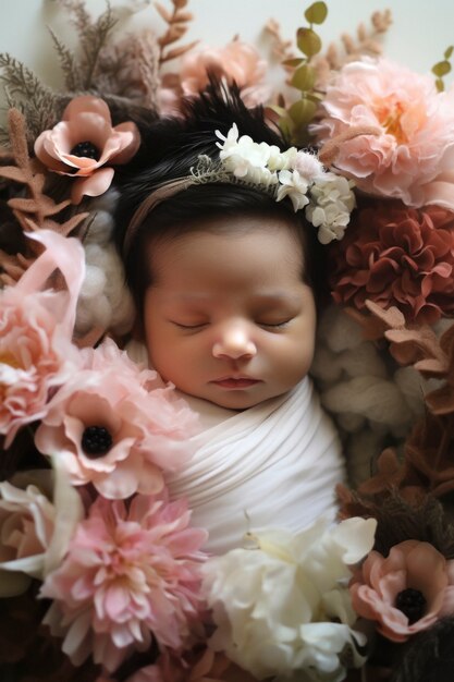 Portrait of newborn baby with flowers