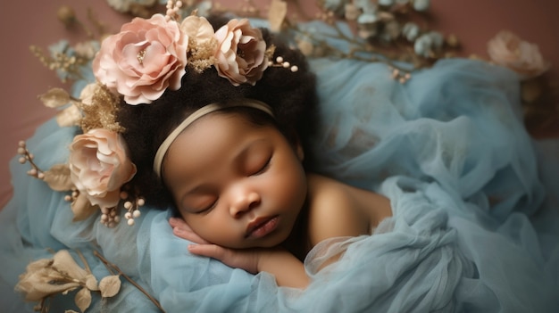 Portrait of newborn baby with flowers