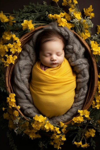 Portrait of newborn baby with flowers