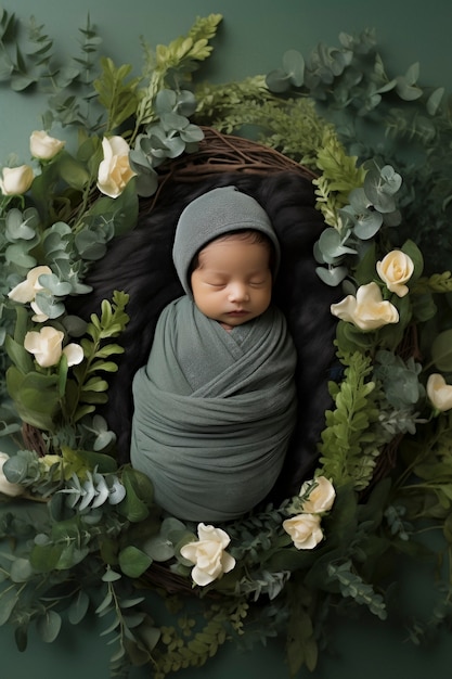 Portrait of newborn baby with flowers