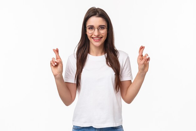 portrait of optimistic girl believe dreams do come true, wear glasses