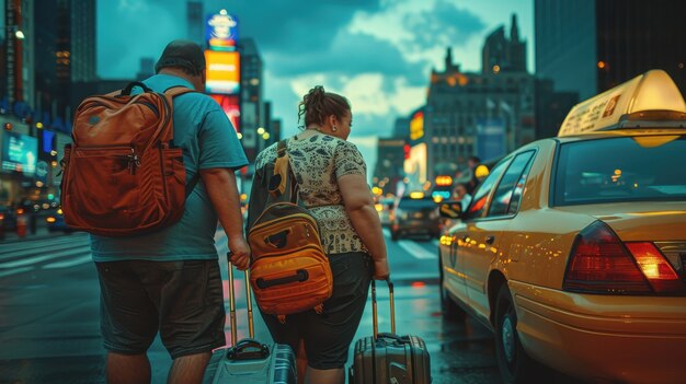 Portrait of overweight couple traveling the world together