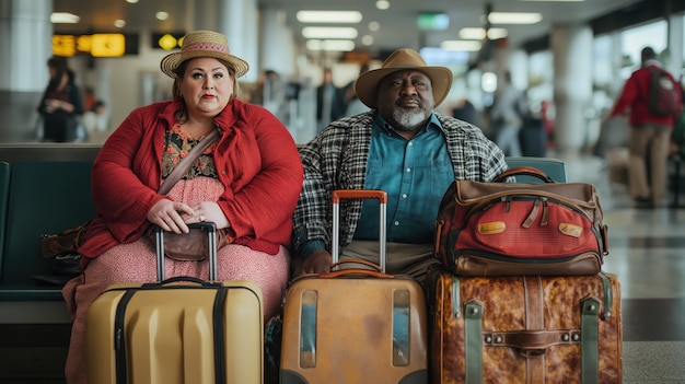 Portrait of overweight couple traveling the world together