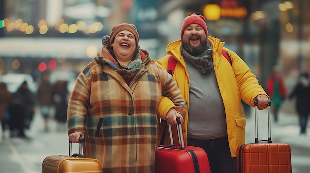 Portrait of overweight couple traveling the world together