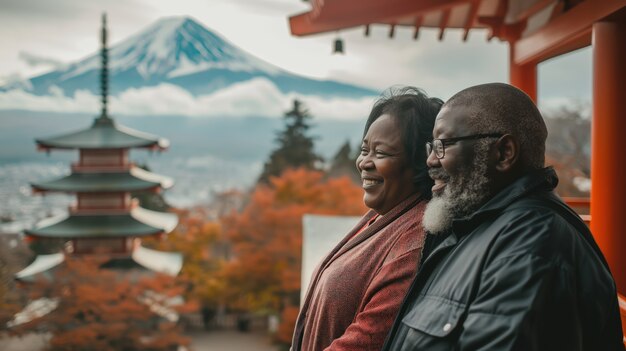 Portrait of overweight couple traveling the world together