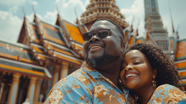 Portrait of overweight couple traveling the world together