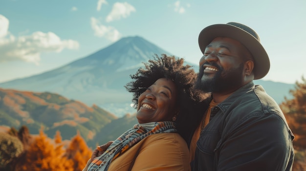 Portrait of overweight couple traveling the world together