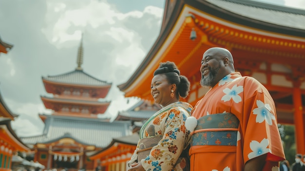 Portrait of overweight couple traveling the world together