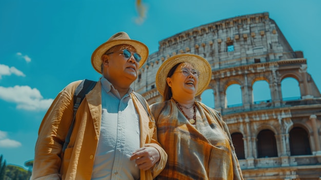 Portrait of overweight couple traveling the world together