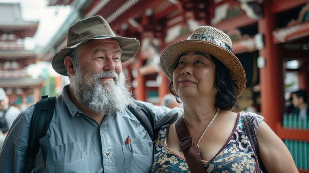 Portrait of overweight couple traveling the world together