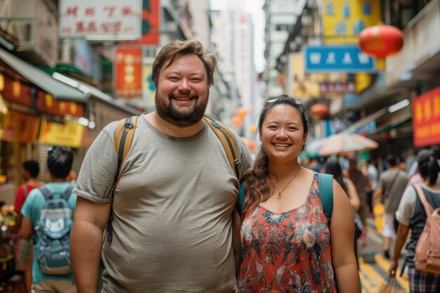 Portrait of overweight couple traveling the world together