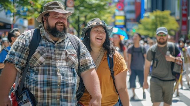 Portrait of overweight couple traveling the world together