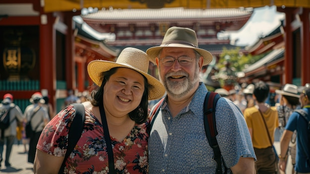 Portrait of overweight couple traveling the world together