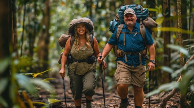 Portrait of overweight couple traveling the world together