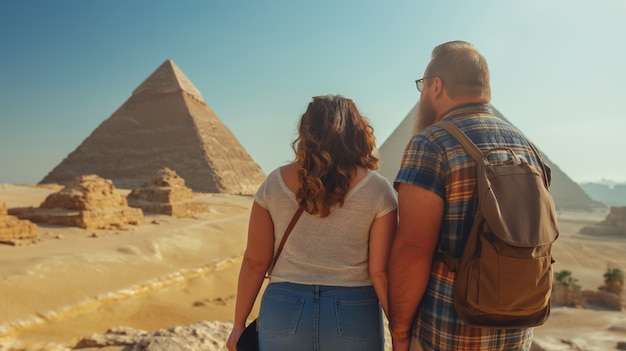 Free Photo portrait of overweight couple traveling the world together