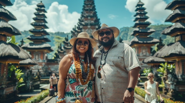 Free photo portrait of overweight couple traveling the world together