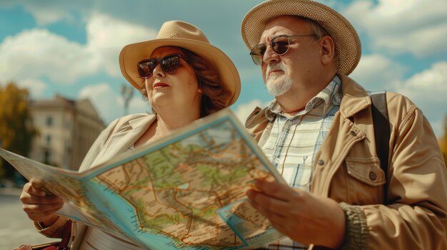 Portrait of overweight couple traveling the world together