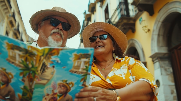 Portrait of overweight couple traveling the world together