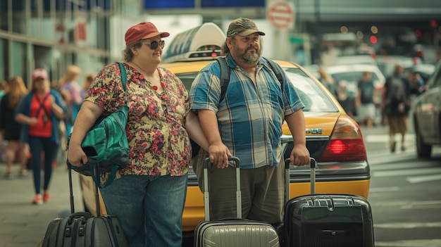 Portrait of overweight couple traveling the world for world tourism day