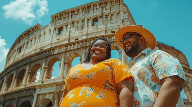 Portrait of overweight couple traveling the world for world tourism day