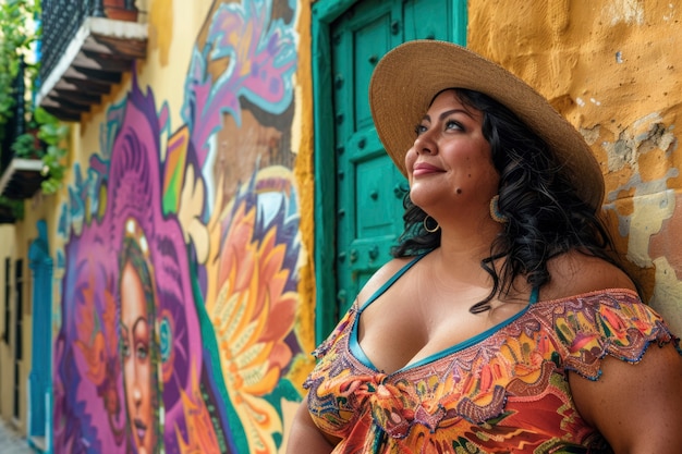 Free photo portrait of overweight woman traveling the world