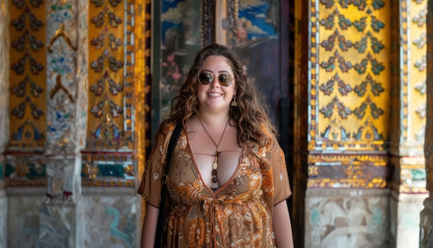 Portrait of overweight woman traveling the world