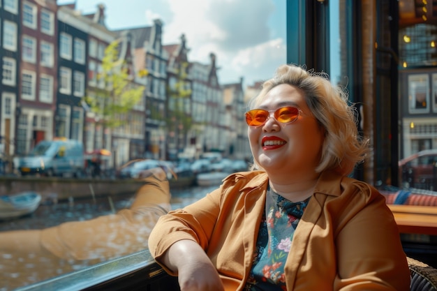 Free photo portrait of overweight woman traveling the world