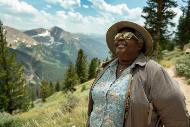 Portrait of overweight woman traveling the world