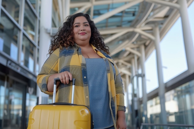 Portrait of overweight woman traveling the world