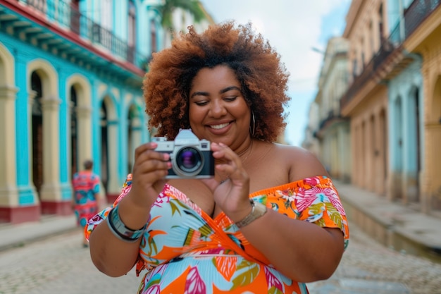 Portrait of overweight woman traveling the world