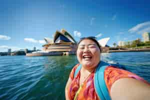 Free photo portrait of overweight woman traveling the world