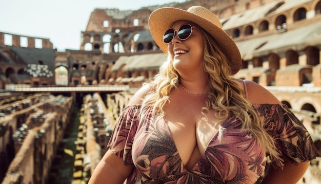 Free photo portrait of overweight woman traveling the world