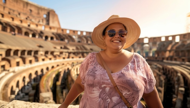 Free photo portrait of overweight woman traveling the world