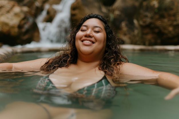 Portrait of overweight woman during world traveling and vacation