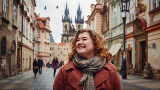 Portrait of overweight woman during world traveling and vacation