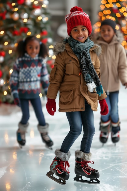 Free photo portrait of people ice skating outdoors during winter time