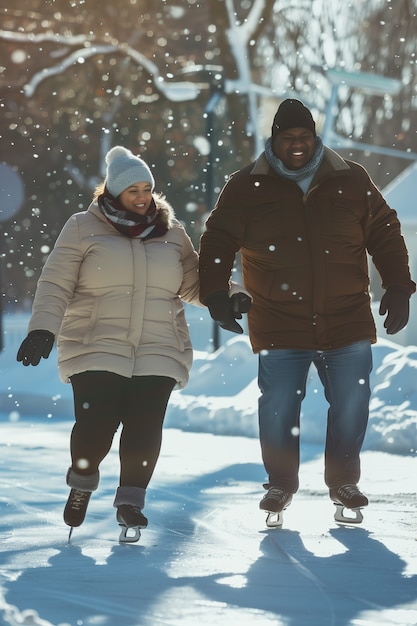 Portrait of people ice skating outdoors during winter time