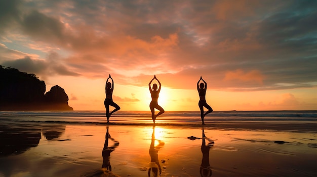 Portrait of people practicing yoga on the beach at sunset