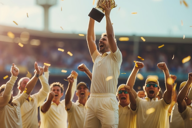 Portrait of people winning cricket trophy