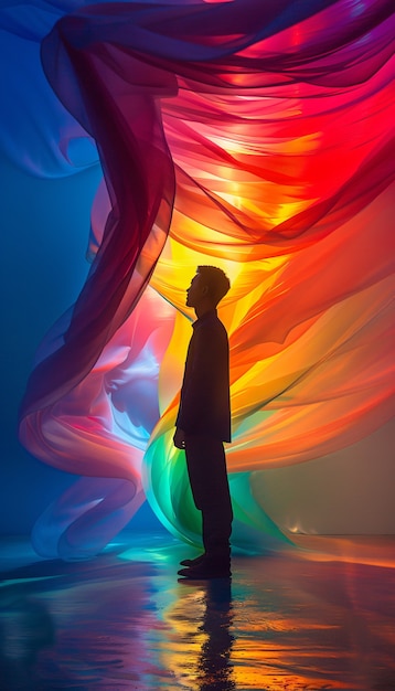 Portrait of people with colorful rainbow from their thoughts and brain on blue background