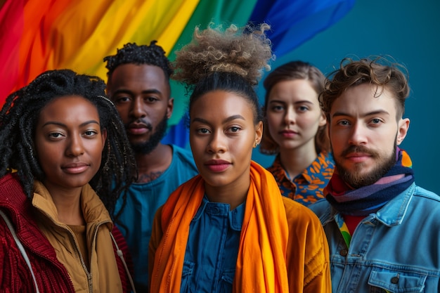 Portrait of people with colorful rainbow from their thoughts and brain on blue background