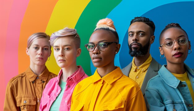 Portrait of people with colorful rainbow from their thoughts and brain on blue background