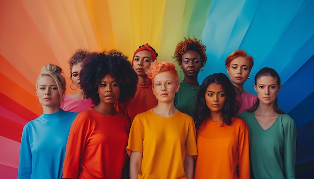 Portrait of people with colorful rainbow from their thoughts and brain on blue background