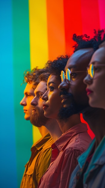 Free photo portrait of people with colorful rainbow from their thoughts and brain on blue background