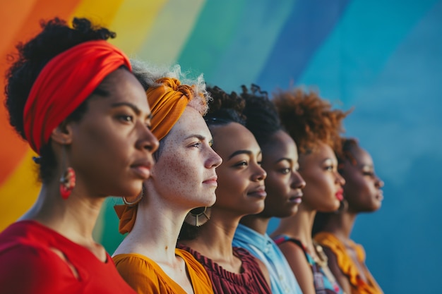 Portrait of people with colorful rainbow from their thoughts and brain on blue background