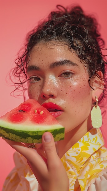 Portrait of person eating watermelon