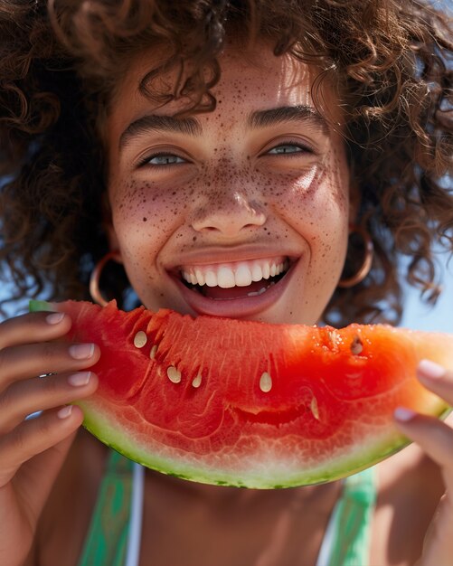 Portrait of person eating watermelon