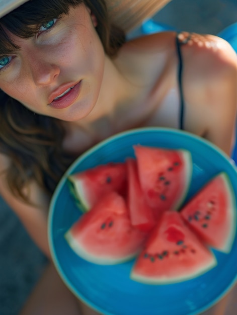 Free photo portrait of person eating watermelon