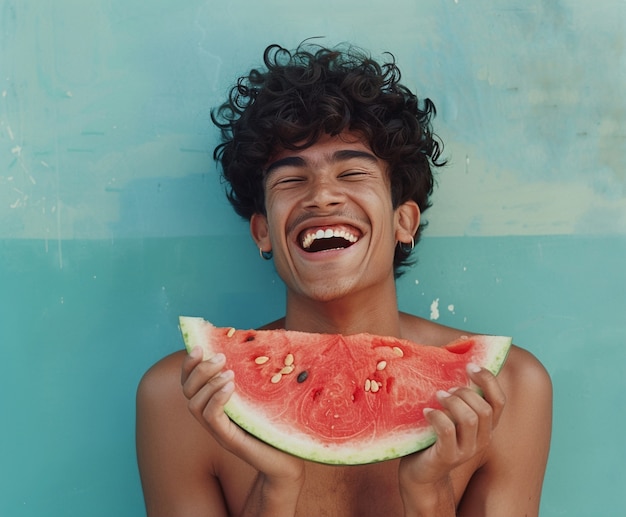 Free photo portrait of person eating watermelon